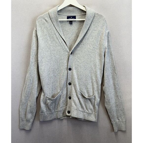 American Eagle Women's Sz L Gray Collared Pockets Cotton Cardigan Sweater‎ - Picture 1 of 8